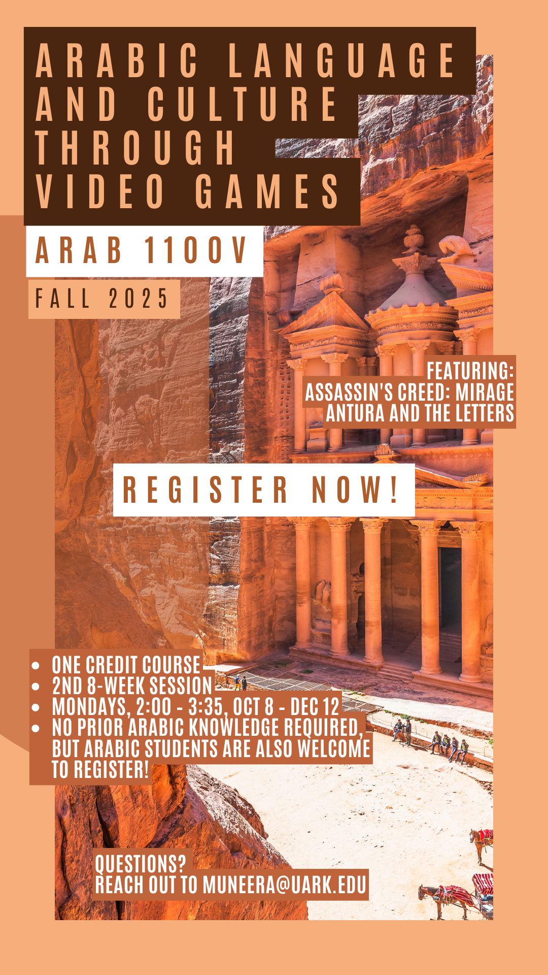 Course flyer for Arabic Language, Culture, and Video Games