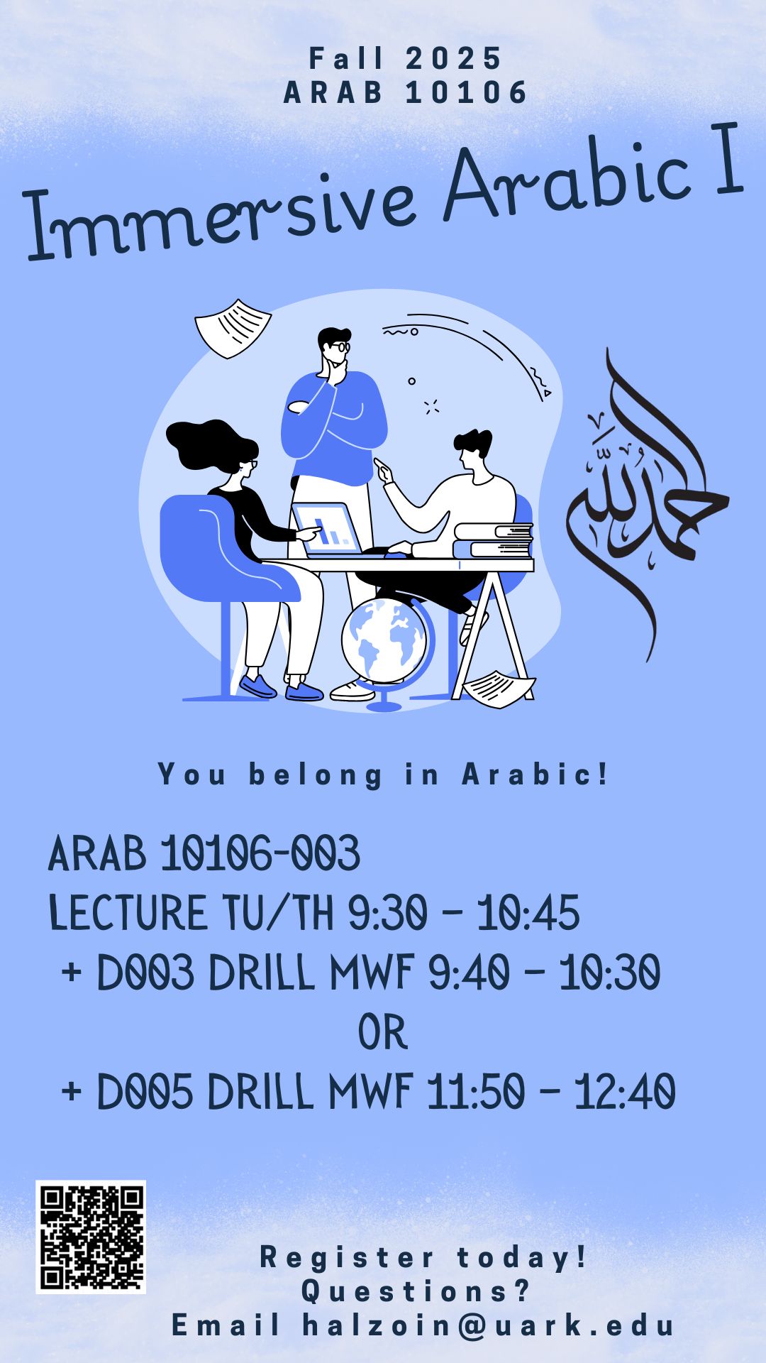 Course flyer for Immersive Arabic I Fall 2025