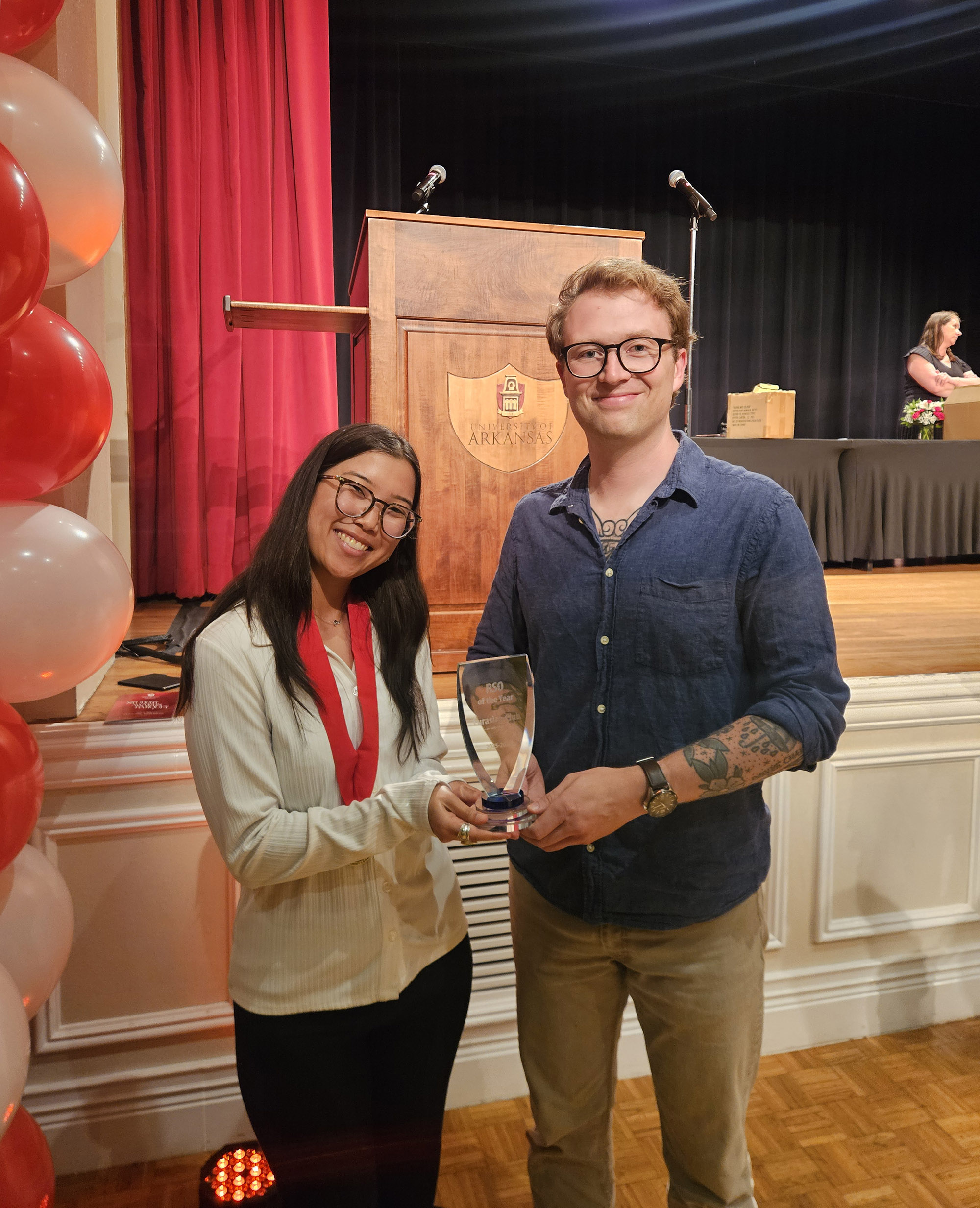 Eurasian President Anna Fielder and Treasurer Jacob Crommett accepting the award for RSO of the Year for the Eurasian RSO. Eurasian President Anna Fielder and Treasurer Jacob Crommett accepting the award for RSO of the Year for the Eurasian RSO.