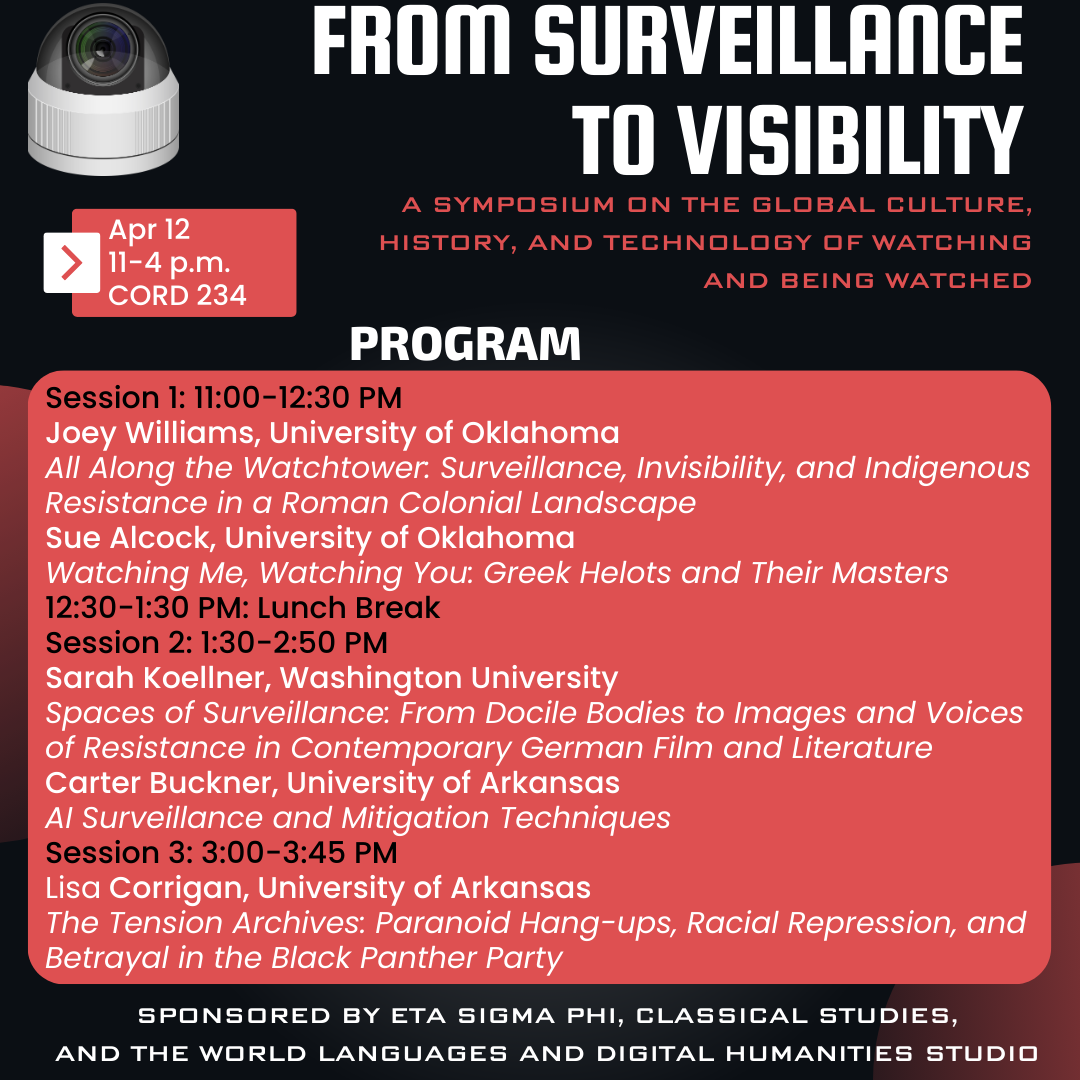 From Surveillance to Visibility: A Symposium on the Global Culture, History and Technology of Watching and Being Watched. Friday, April 12, 11-4 PM at CORD 234. Sponsored by Eta Sigma Phi, Classical Studies and the World Languages & Digital Humanities Studio.