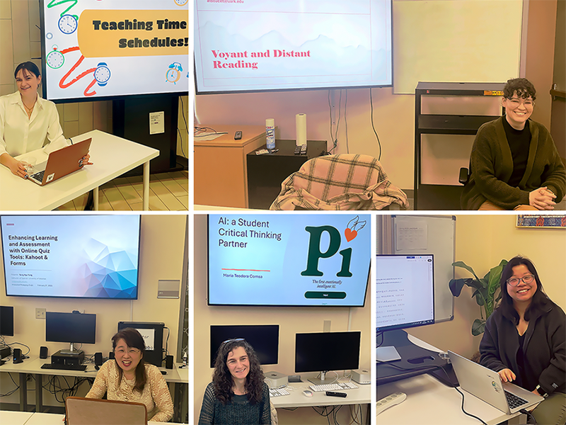 Top Left, clockwise: Sydney Massey, Annie Doucet, Li Yang, Maria Comsa, and Sung-Hye Yang at the Innovative Pedagogy Expo in Spring 2025.