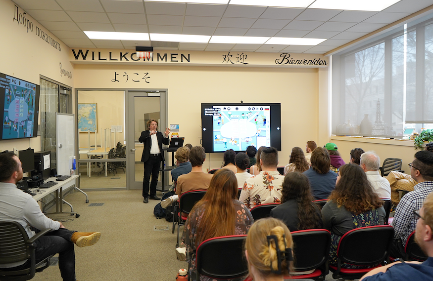 Award-winning game designer and co-founder of Charles Games, Vít Šisler, presents "Gaming Language and Playing Kafka: Intercultural Education in the Ludic Century" in the World Languages & Digital Humanities Studio on March 12, 2025.